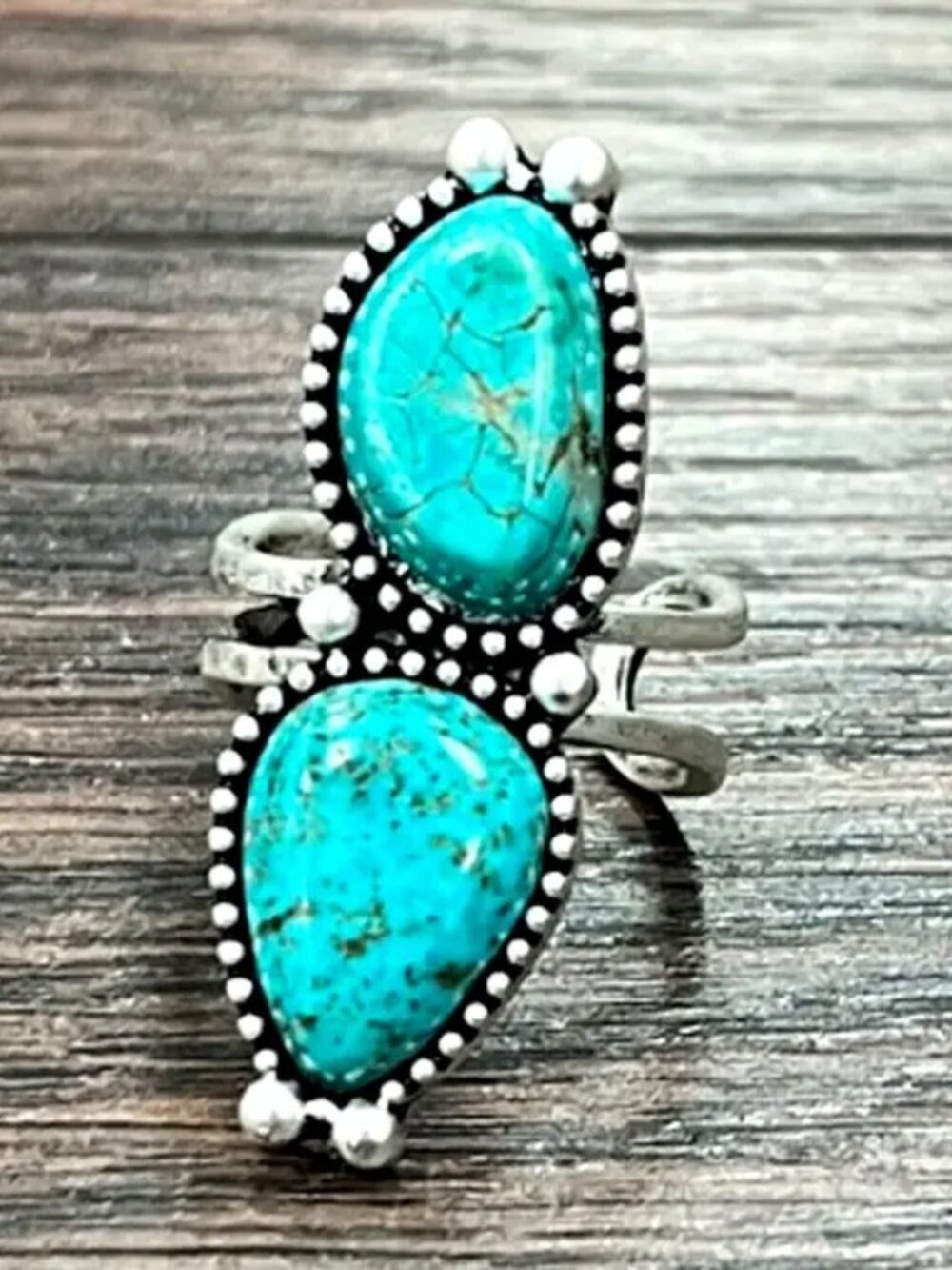 Western Double Turquoise Statement Ring Adjustable Southwestern Boho Rodeo Ring